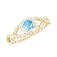 Real Aquamarine Criss Cross Engagement Ring with Diamond Halo