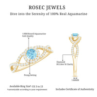 Real Aquamarine Criss Cross Engagement Ring with Diamond Halo