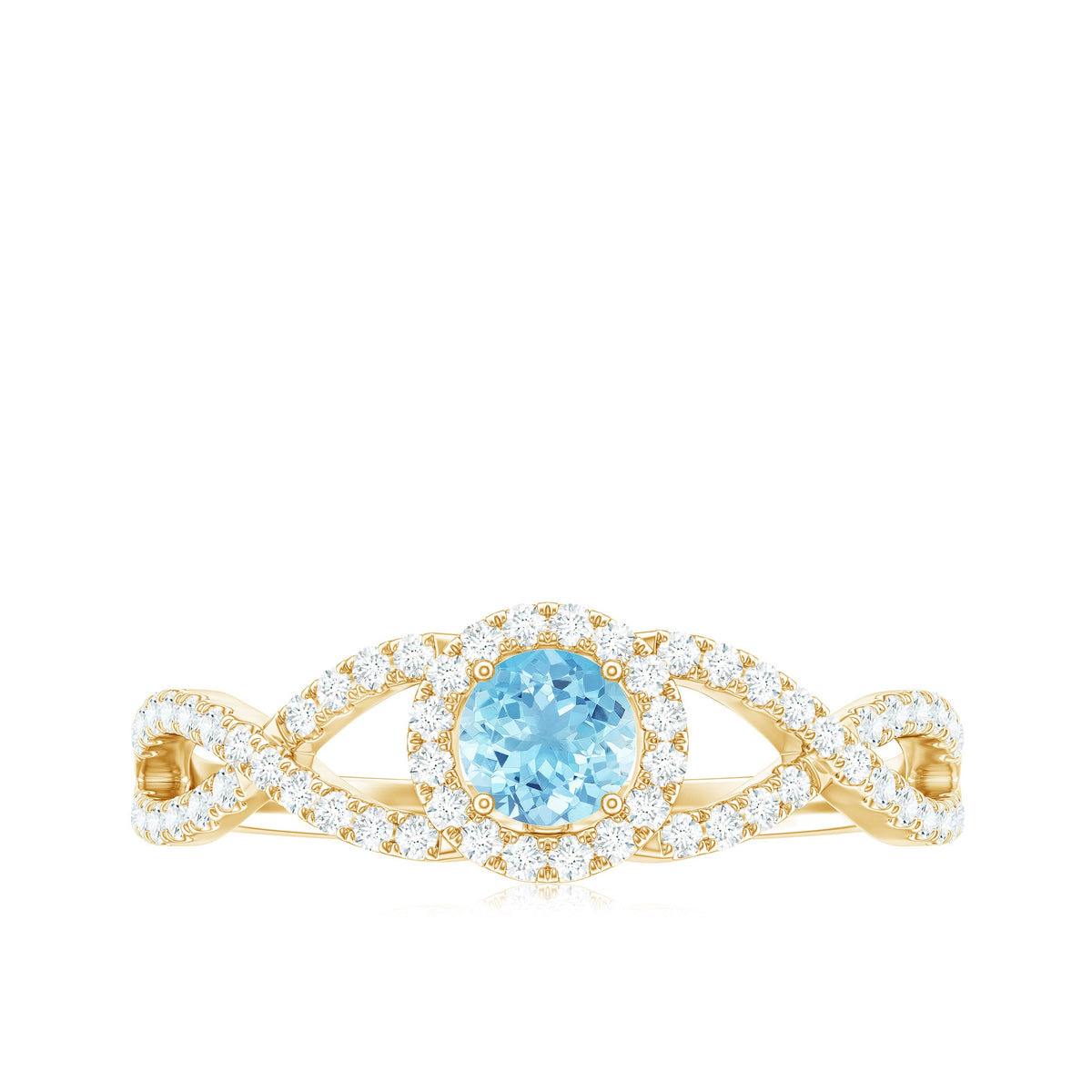 Real Aquamarine Criss Cross Engagement Ring with Diamond Halo