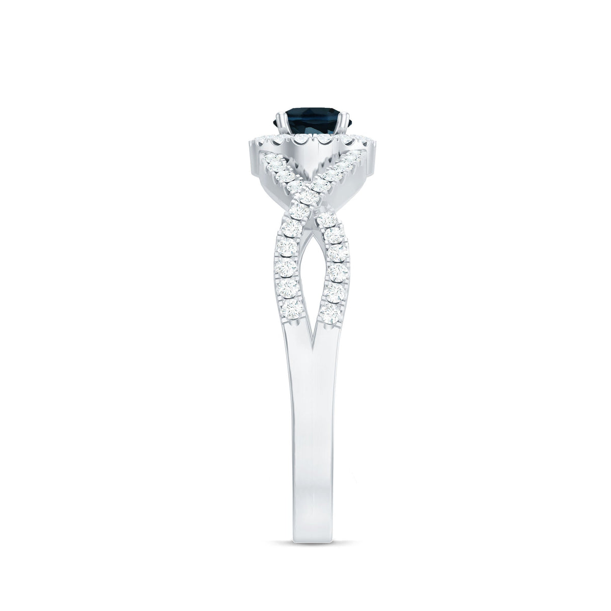 London Blue Topaz Crossover Engagement Ring with Diamond Halo