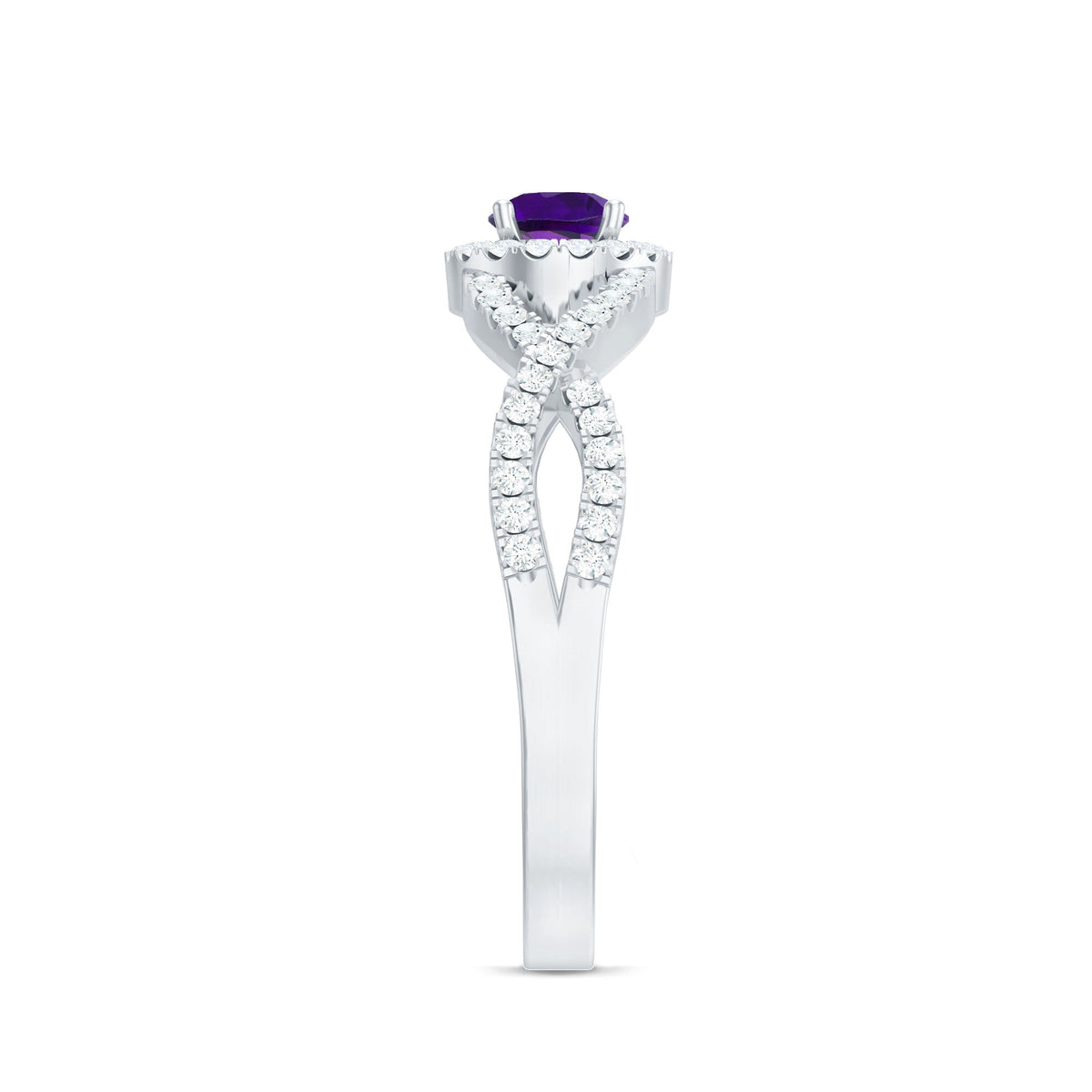 Real Amethyst Diamond Halo Engagement Ring with Criss Cross Shank