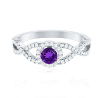 Real Amethyst Diamond Halo Engagement Ring with Criss Cross Shank