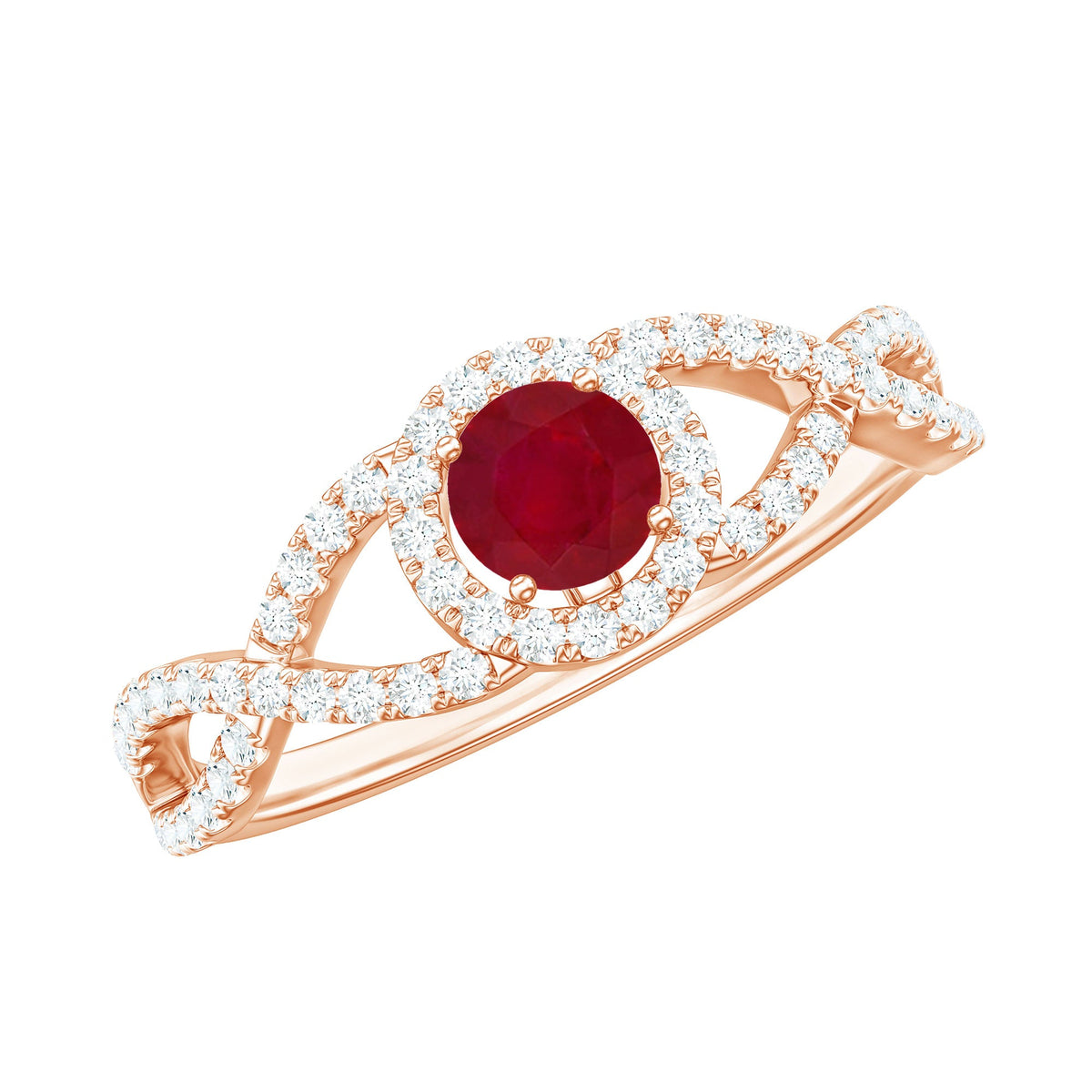 Genuine ruby engagement ring with diamond-crisscross shank, featuring a central ruby and sparkling diamond accents.