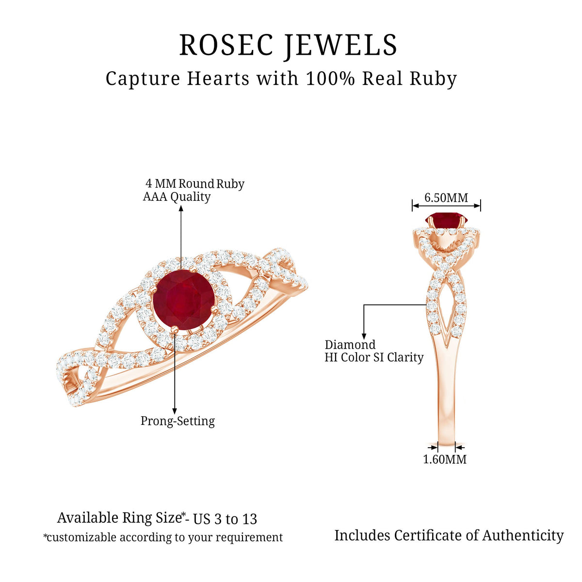 Genuine ruby engagement ring with diamond-crisscross shank from Rosec Jewels, showcasing a vibrant ruby center and sparkling diamonds.