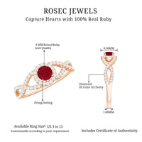 Genuine ruby engagement ring with diamond-crisscross shank from Rosec Jewels, showcasing a vibrant ruby center and sparkling diamonds.