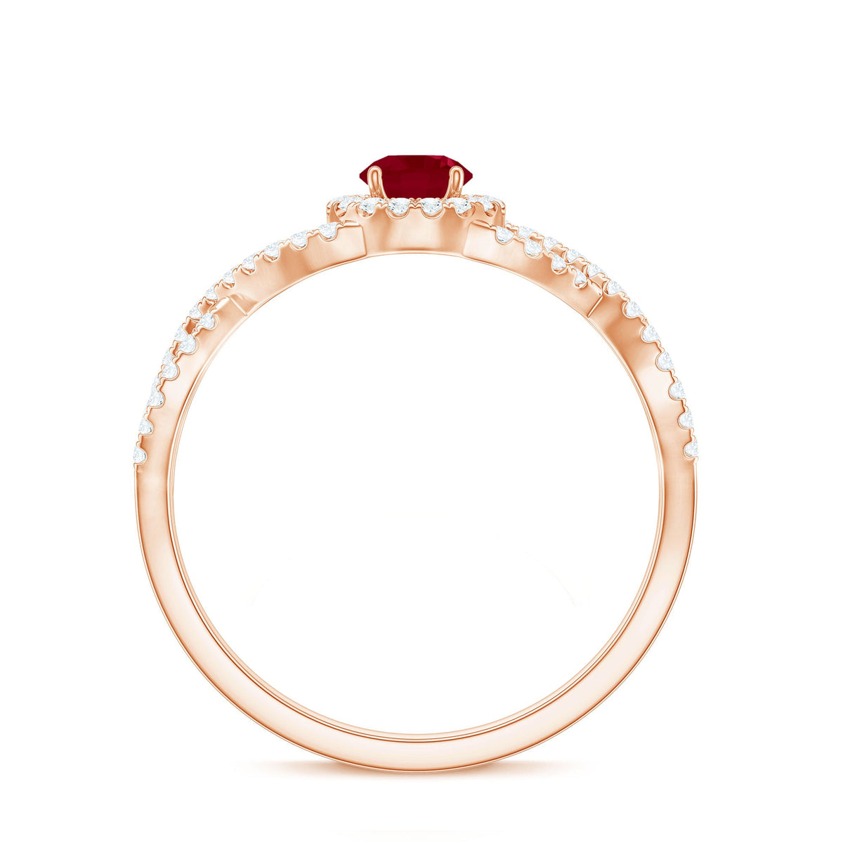 Genuine ruby engagement ring with diamond criss-cross shank by Rosec Jewels, featuring a vibrant central ruby and sparkling diamond accents.