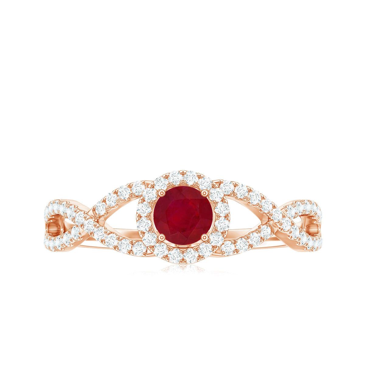 Genuine ruby engagement ring with diamond-crisscross shank, Rosec Jewels, showcasing a sparkling ruby centerpiece and intricate band design.