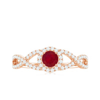 Genuine ruby engagement ring with diamond-crisscross shank, Rosec Jewels, showcasing a sparkling ruby centerpiece and intricate band design.