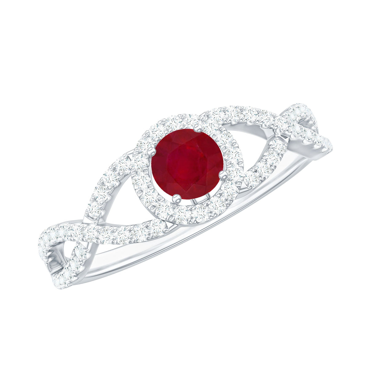 Genuine Ruby engagement ring with diamond criss cross shank, featuring a central ruby gemstone and sparkling diamond accents.