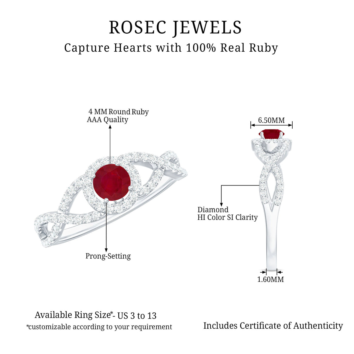 Genuine ruby engagement ring with diamond-crisscross shank by Rosec Jewels, showcasing a vibrant ruby gemstone and sparkling diamond accents.