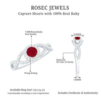 Genuine ruby engagement ring with diamond-crisscross shank by Rosec Jewels, showcasing a vibrant ruby gemstone and sparkling diamond accents.