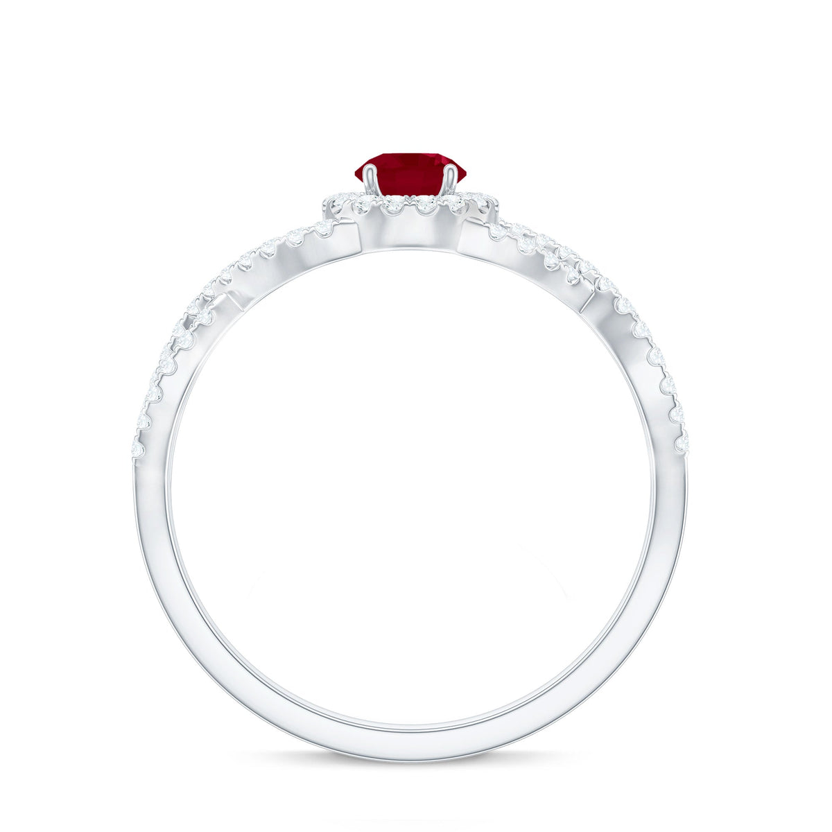 Genuine ruby engagement ring with diamond criss-cross shank by Rosec Jewels, showcasing a vibrant ruby centerpiece and sparkling diamonds.