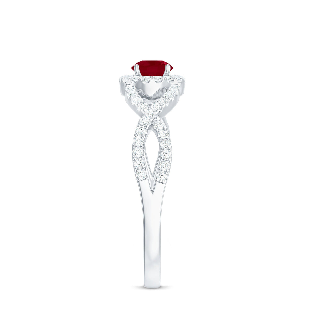 Genuine ruby engagement ring with diamond criss-cross shank, crafted by Rosec Jewels, featuring a vibrant ruby centerpiece and sparkling diamonds.