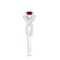 Genuine ruby engagement ring with diamond criss-cross shank, crafted by Rosec Jewels, featuring a vibrant ruby centerpiece and sparkling diamonds.