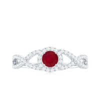 Genuine ruby engagement ring with diamond criss-cross shank by Rosec Jewels, featuring a vibrant ruby centerpiece and sparkling diamonds.