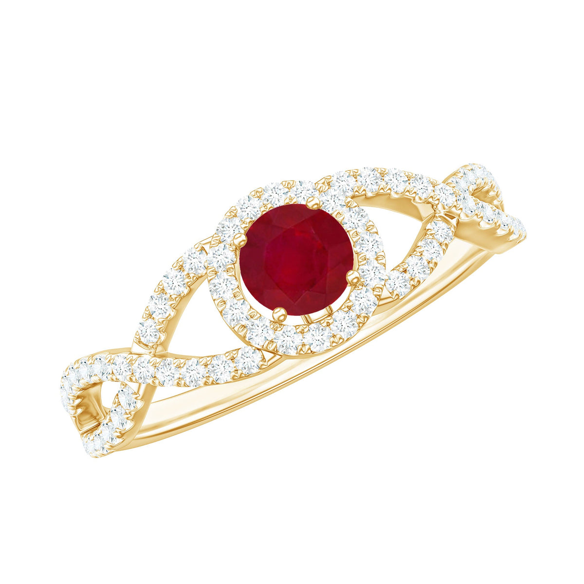 Genuine ruby engagement ring with diamond-crisscross shank, Rosec Jewels, showcasing the detailed design and sparkling gemstones.