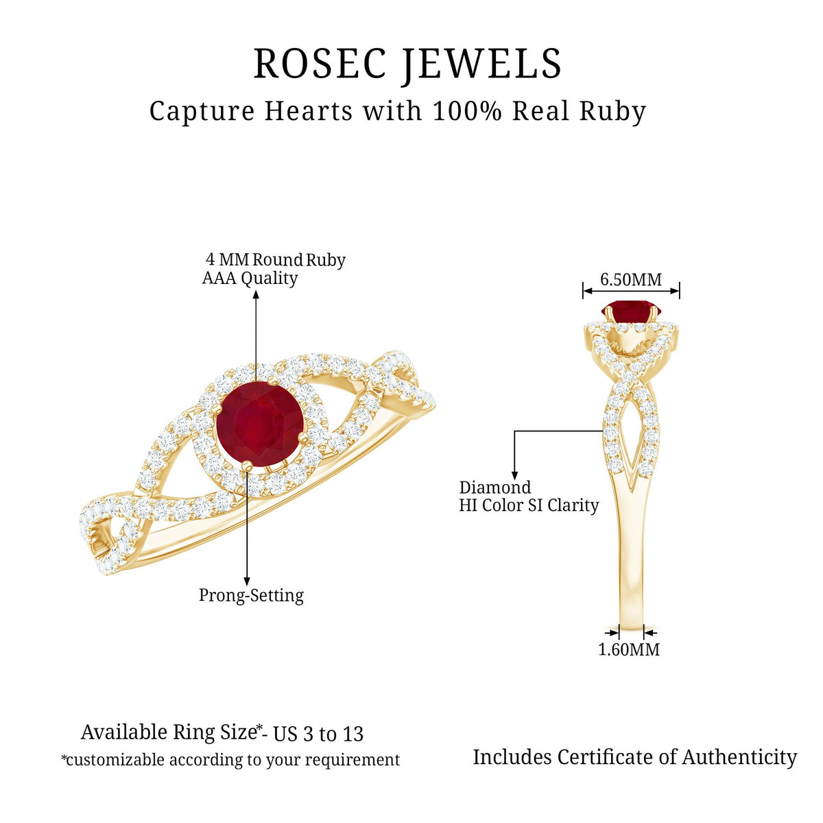 Genuine ruby engagement ring with diamond-crisscross shank by Rosec Jewels, showcasing a central ruby and sparkling diamonds on the band.