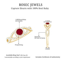 Genuine ruby engagement ring with diamond-crisscross shank by Rosec Jewels, showcasing a central ruby and sparkling diamonds on the band.