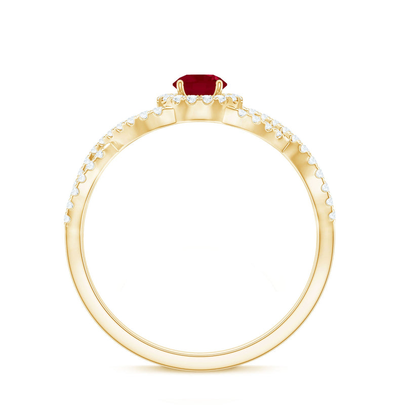 Genuine Ruby engagement ring with diamond criss-cross shank, featuring a central ruby and sparkling diamond accents from Rosec Jewels.