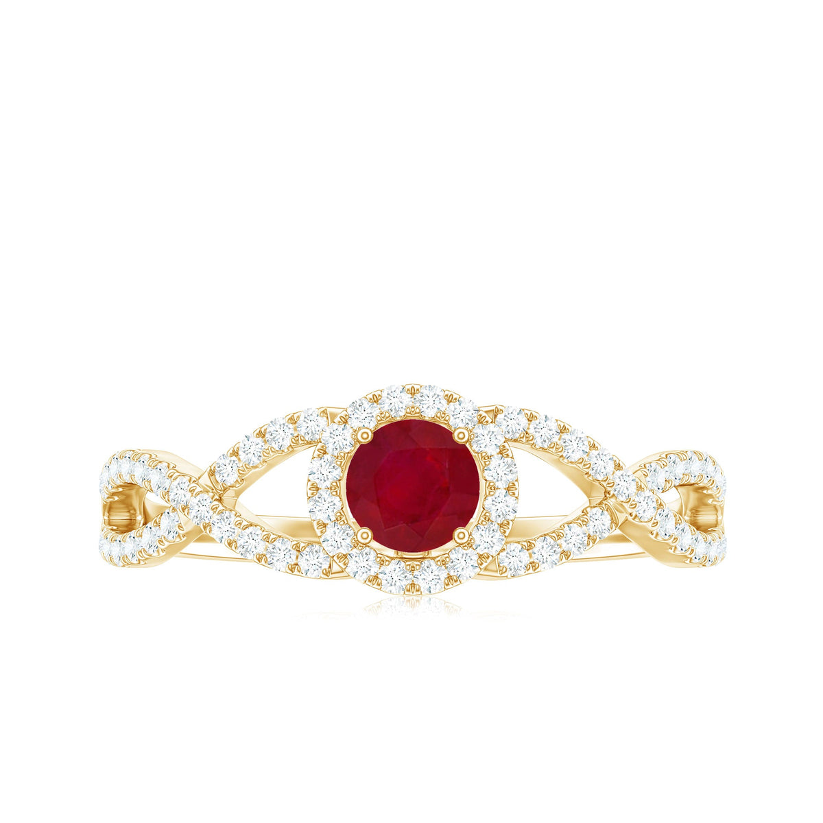 Genuine Ruby engagement ring with diamond criss-cross shank by Rosec Jewels, showcasing a vibrant ruby and sparkling diamonds.