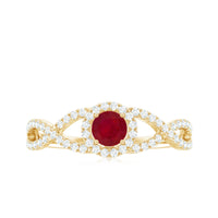 Genuine Ruby engagement ring with diamond criss-cross shank by Rosec Jewels, showcasing a vibrant ruby and sparkling diamonds.