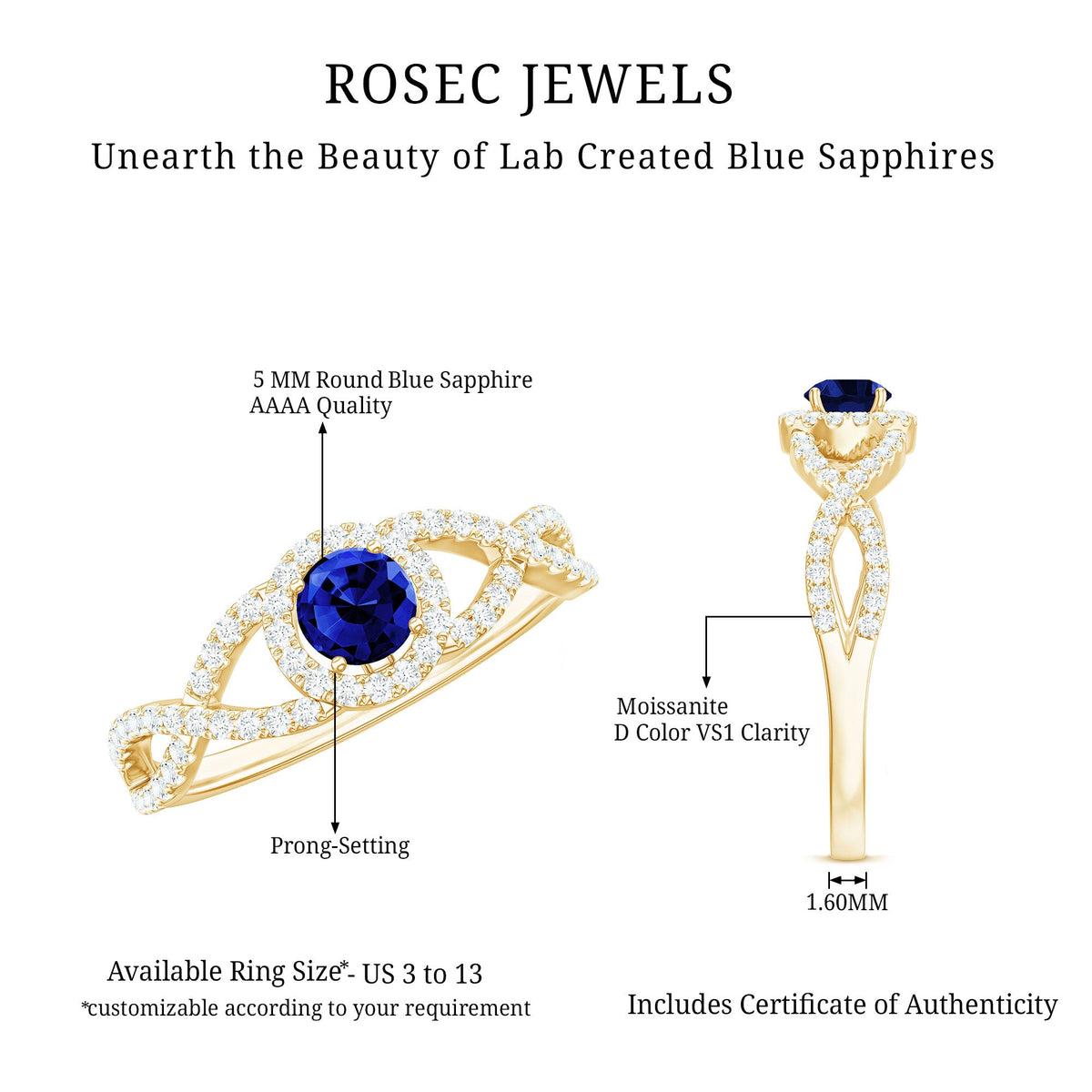 Certified 0.6 Carat Lab Grown Blue Sapphire Crossover Engagement Ring with Diamond