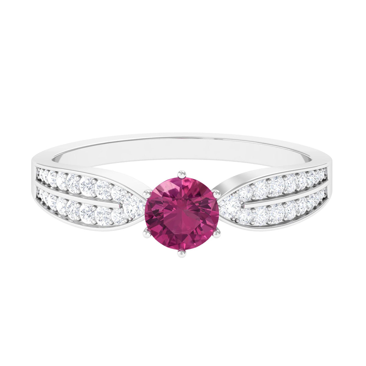 Pink Tourmaline engagement ring with six prongs and diamond side stones, featuring a polished gold band from Rosec Jewels.
