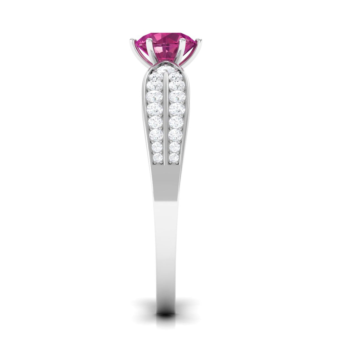 Pink Tourmaline engagement ring in six-prong setting with diamond side stones, from Rosec Jewels, showcasing detailed craftsmanship.