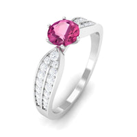 Pink tourmaline engagement ring with six prongs and diamond side stones, featuring a Rosec Jewels design.