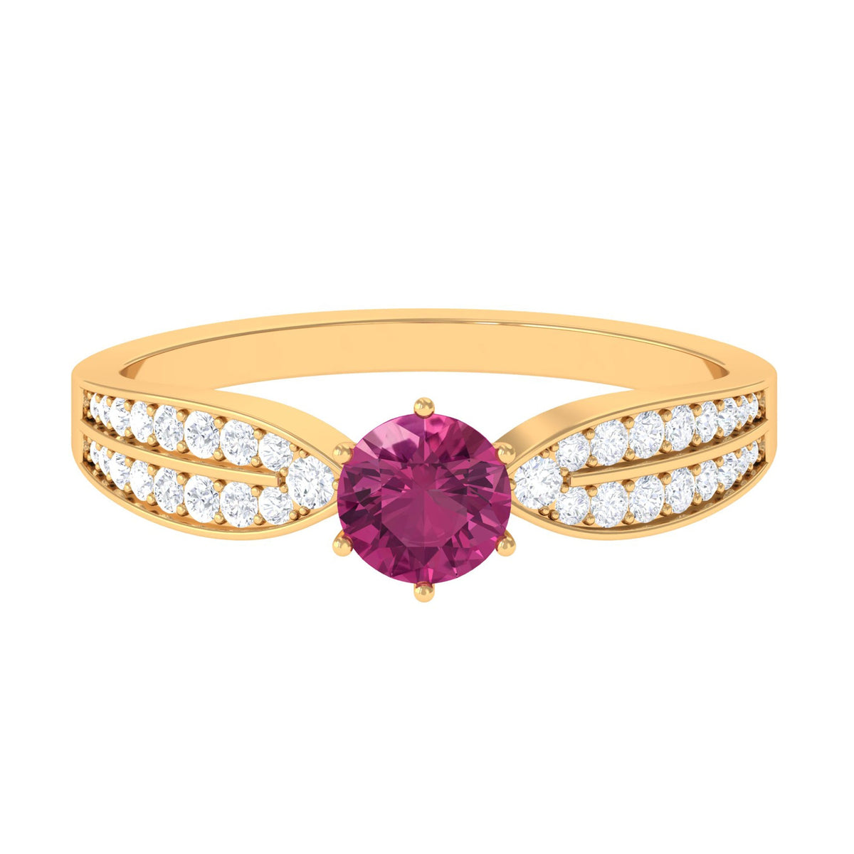 Pink Tourmaline engagement ring with six prongs and diamond side stones from Rosec Jewels, showcasing detailed craftsmanship and elegant design.