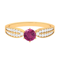 Pink Tourmaline engagement ring with six prongs and diamond side stones from Rosec Jewels, showcasing detailed craftsmanship and elegant design.