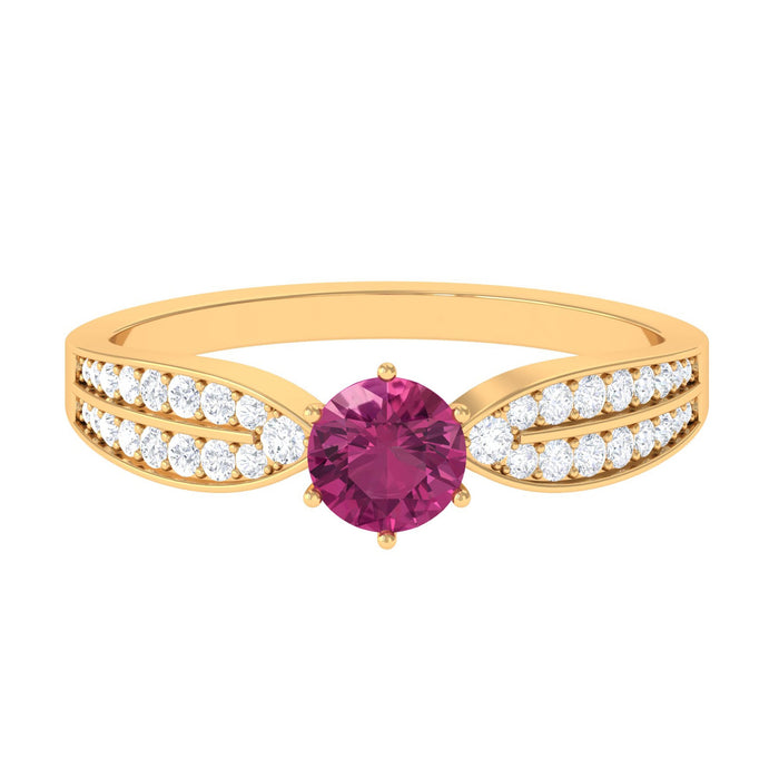 Pink Tourmaline engagement ring with six prongs and diamond side stones from Rosec Jewels, showcasing detailed craftsmanship and elegant design.