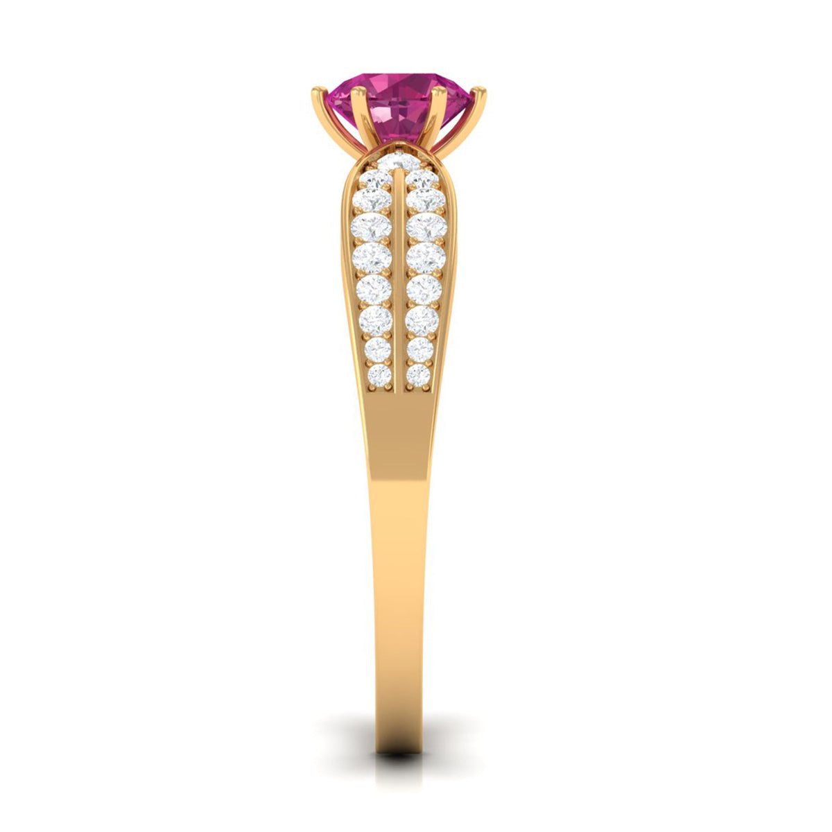 Pink tourmaline engagement ring with six prongs and diamond side stones from Rosec Jewels, showcasing a detailed close-up of the ring.