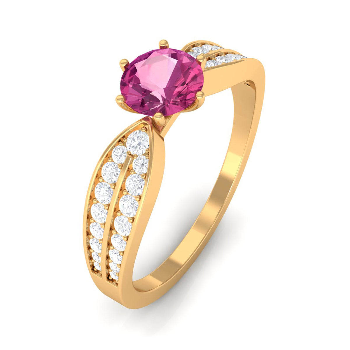 Pink tourmaline engagement ring with six prongs and diamond side stones, crafted by Rosec Jewels.