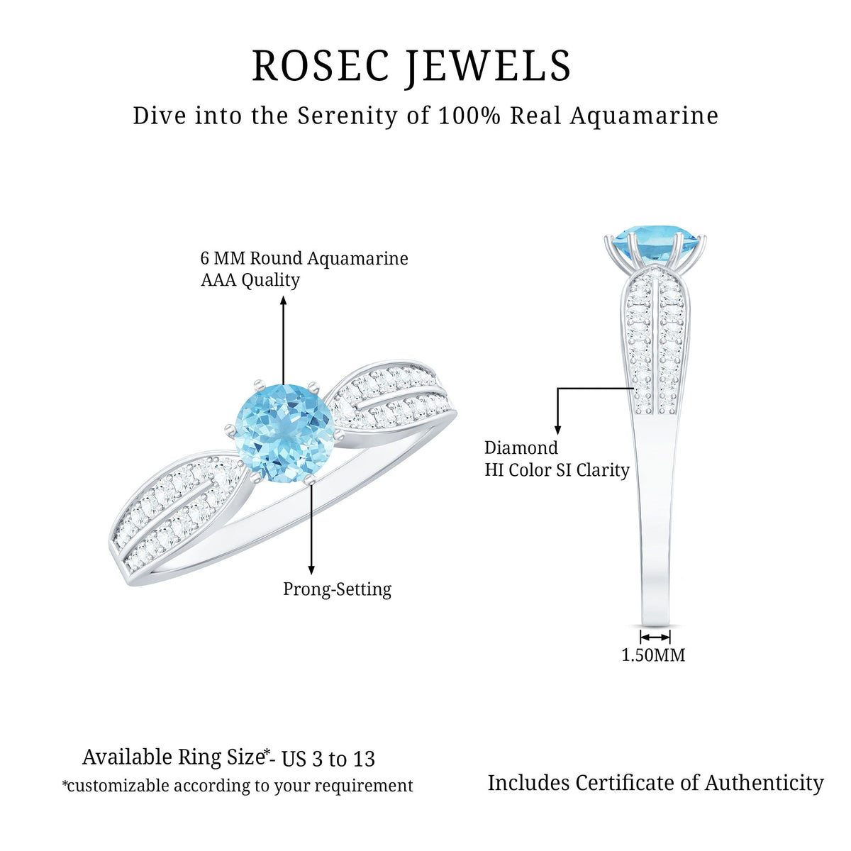 Elegant aquamarine engagement ring with diamond side stones from Rosec Jewels, featuring a central blue aquamarine gemstone and sparkling accents.