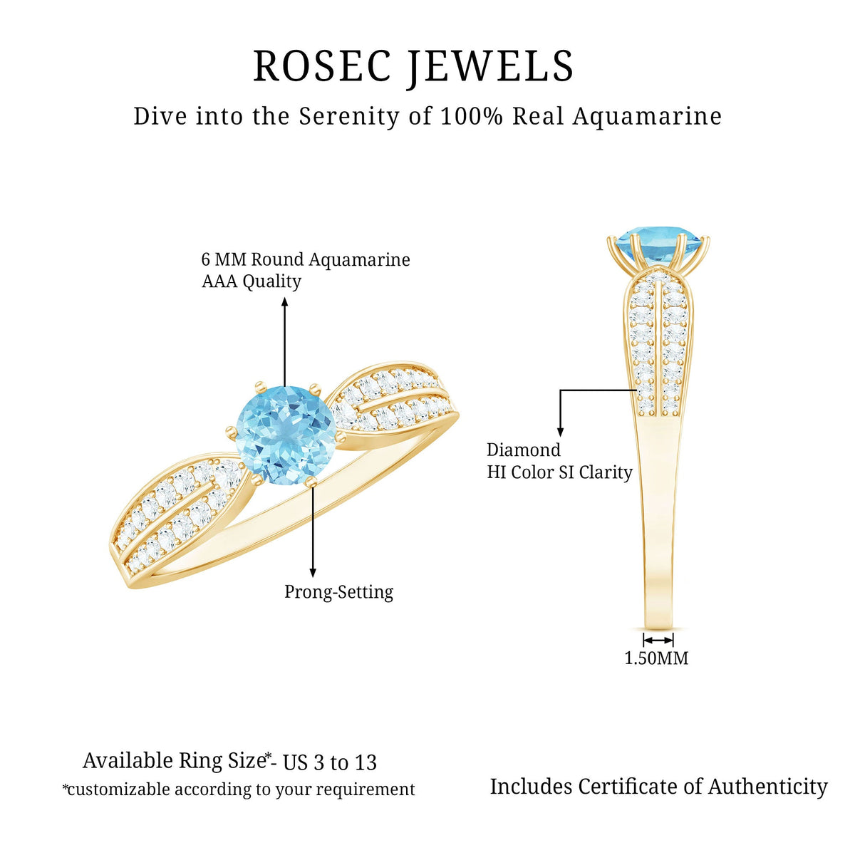 Elegant engagement ring featuring a real aquamarine center stone with diamond side stones, crafted by Rosec Jewels.