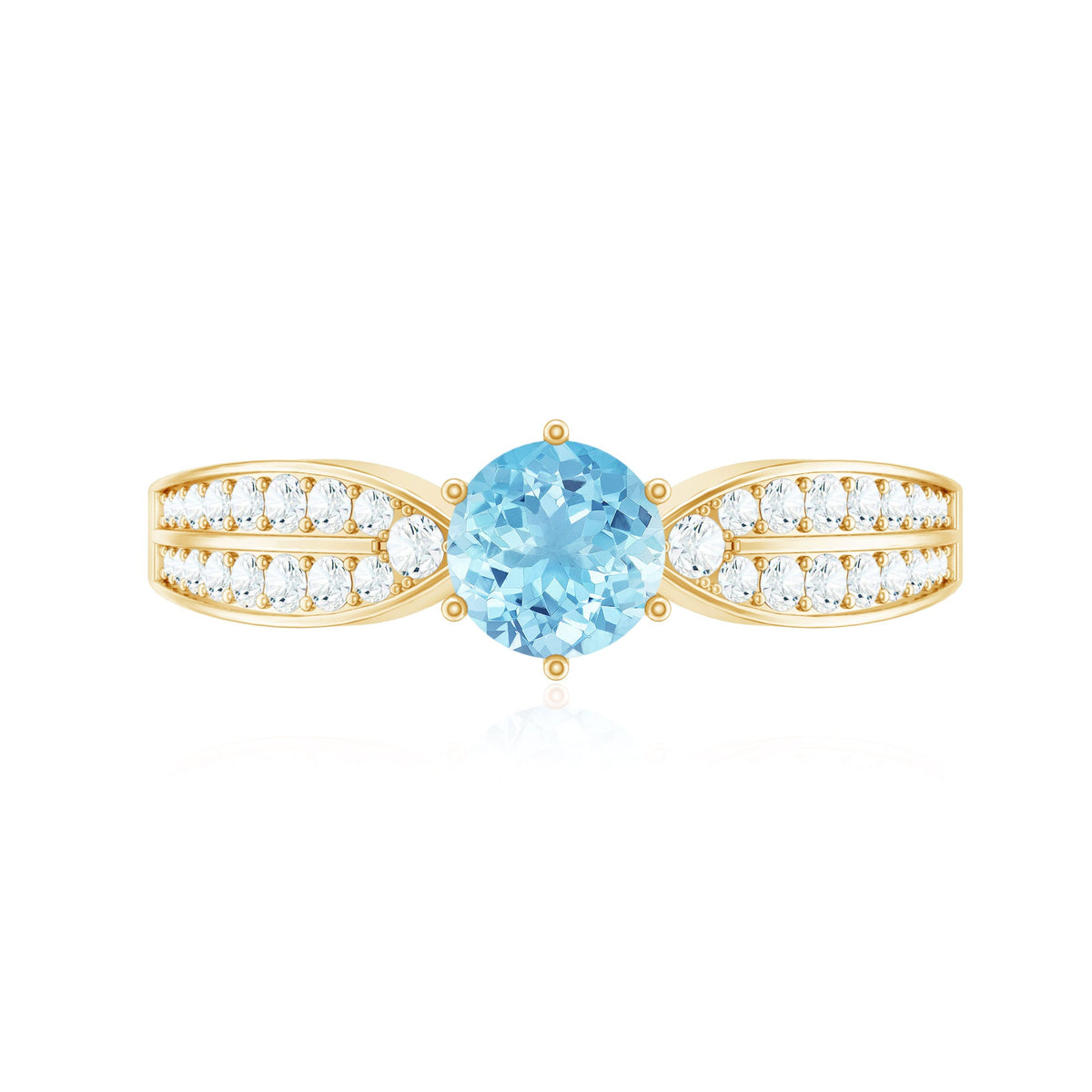 Elegant aquamarine engagement ring with diamond side stones from Rosec Jewels, showcasing a sparkling blue gemstone and intricate band design.