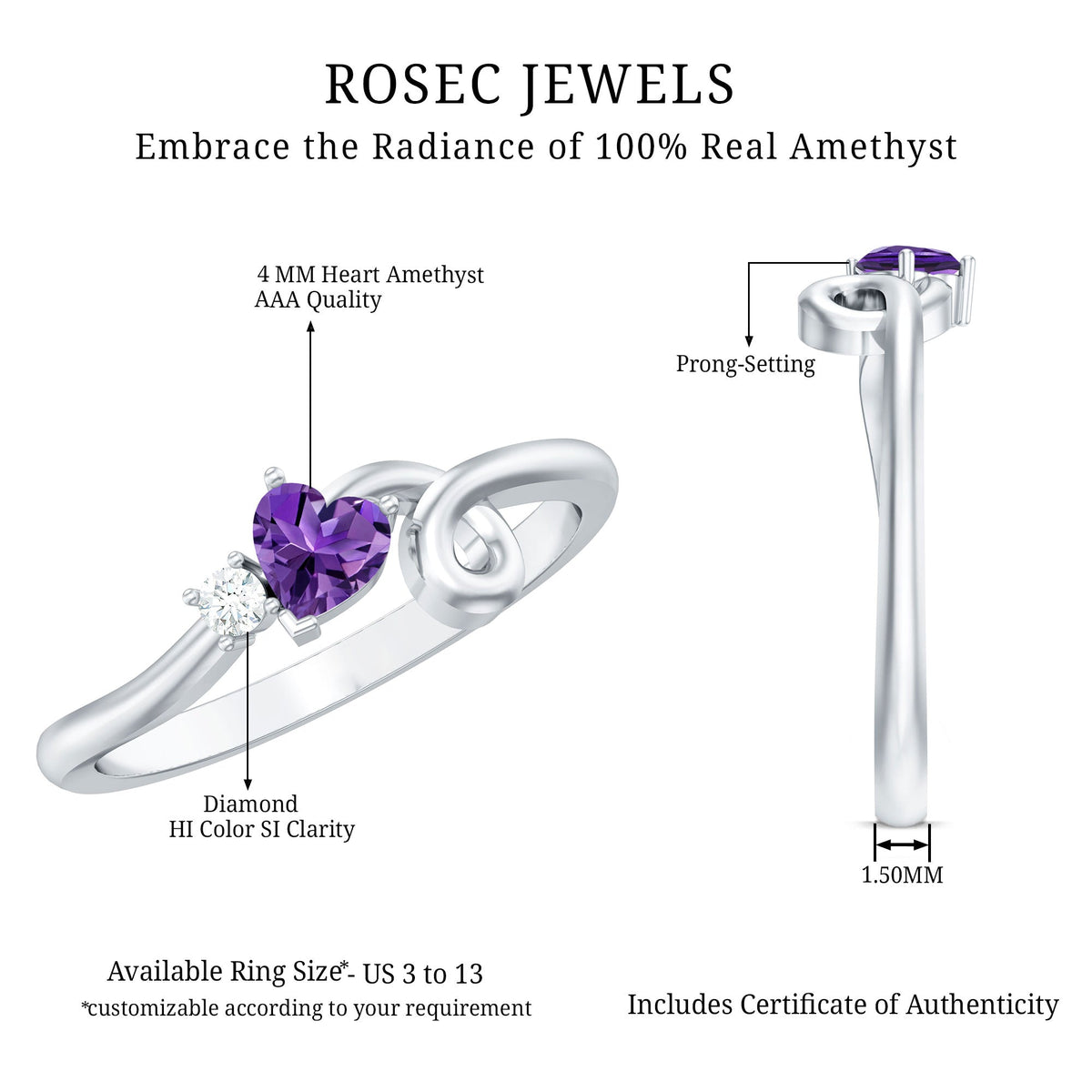Heart Shape Real Amethyst and Diamond Twisted Promise Ring