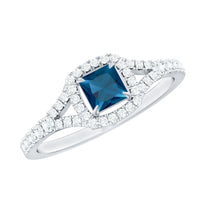 Rosec Jewels 1 Carat Princess Cut London Blue Topaz engagement ring with diamond split shank, showcasing a vibrant blue gemstone and elegant band.