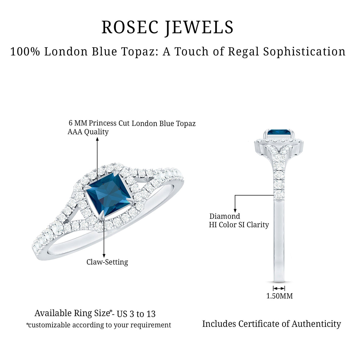 Princess cut London Blue Topaz engagement ring with diamond split shank by Rosec Jewels, showcasing the vibrant blue gemstone and elegant design.