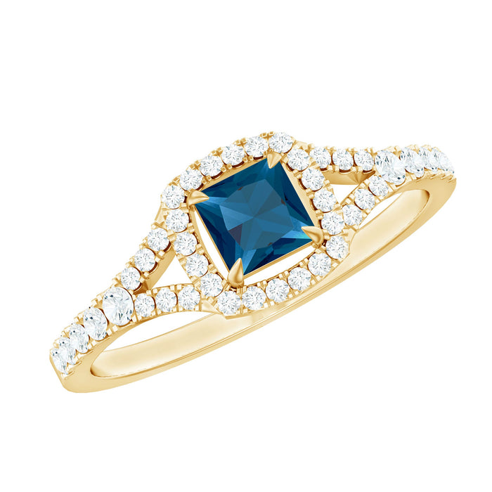 Rosec Jewels 1 Carat princess cut London Blue Topaz engagement ring with diamond split shank and elegant band design.