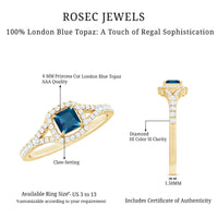 Princess cut London Blue Topaz engagement ring with diamond split shank, set in a Rosec Jewels ring design.