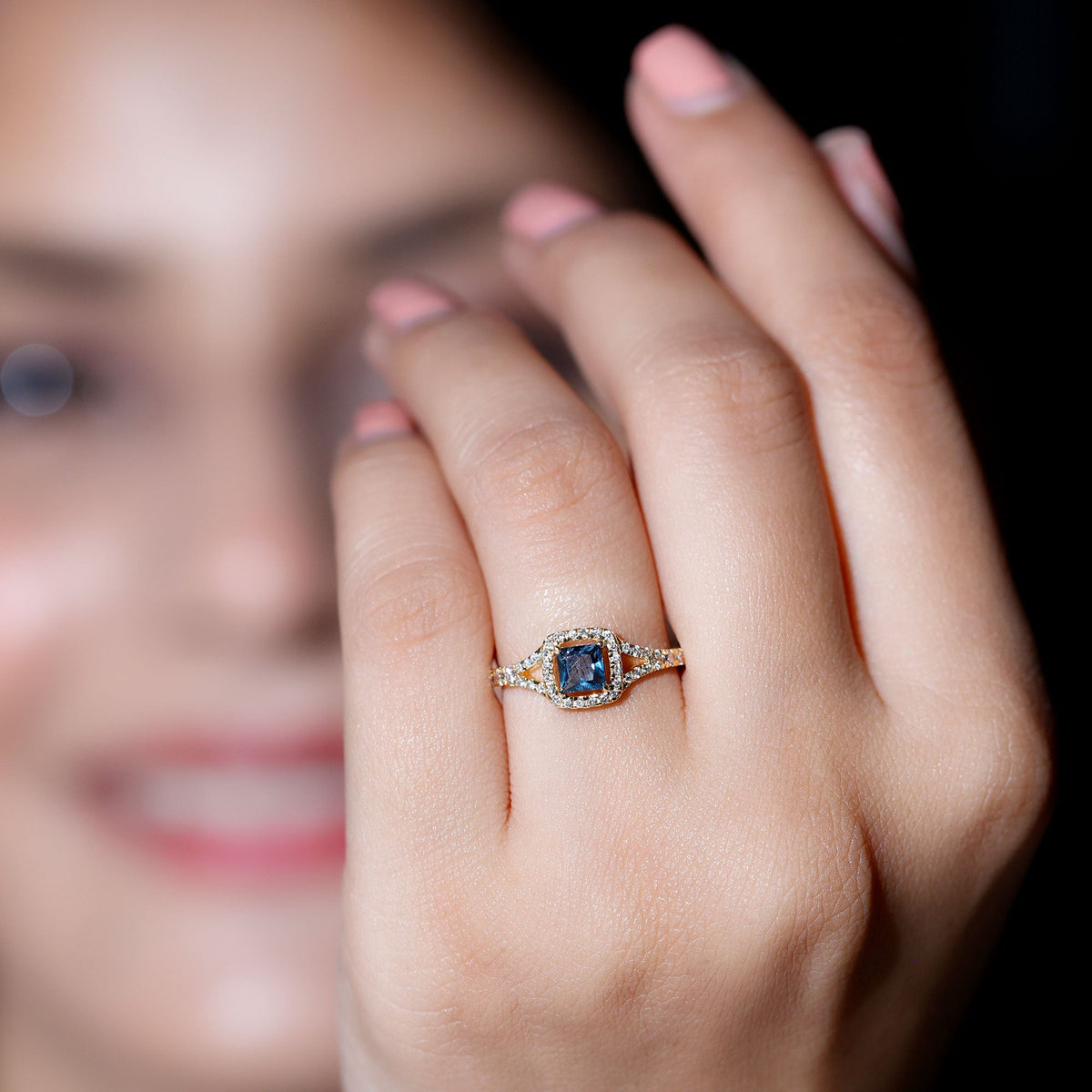 Princess cut London Blue Topaz engagement ring with diamond split shank, featuring a 1-carat gemstone and elegant design by Rosec Jewels.