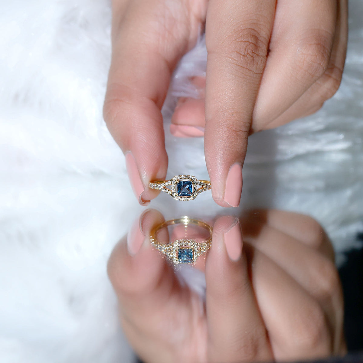 Rosec Jewels 1 Carat princess cut London Blue Topaz engagement ring with diamond split shank and elegant band design.