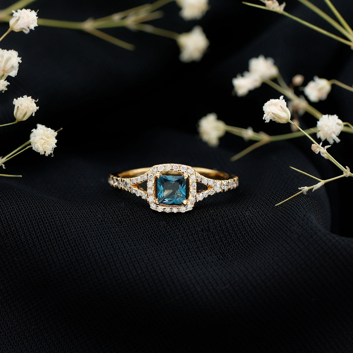 Rosec Jewels 1 Carat Princess Cut London Blue Topaz engagement ring with diamond split shank and elegant band.