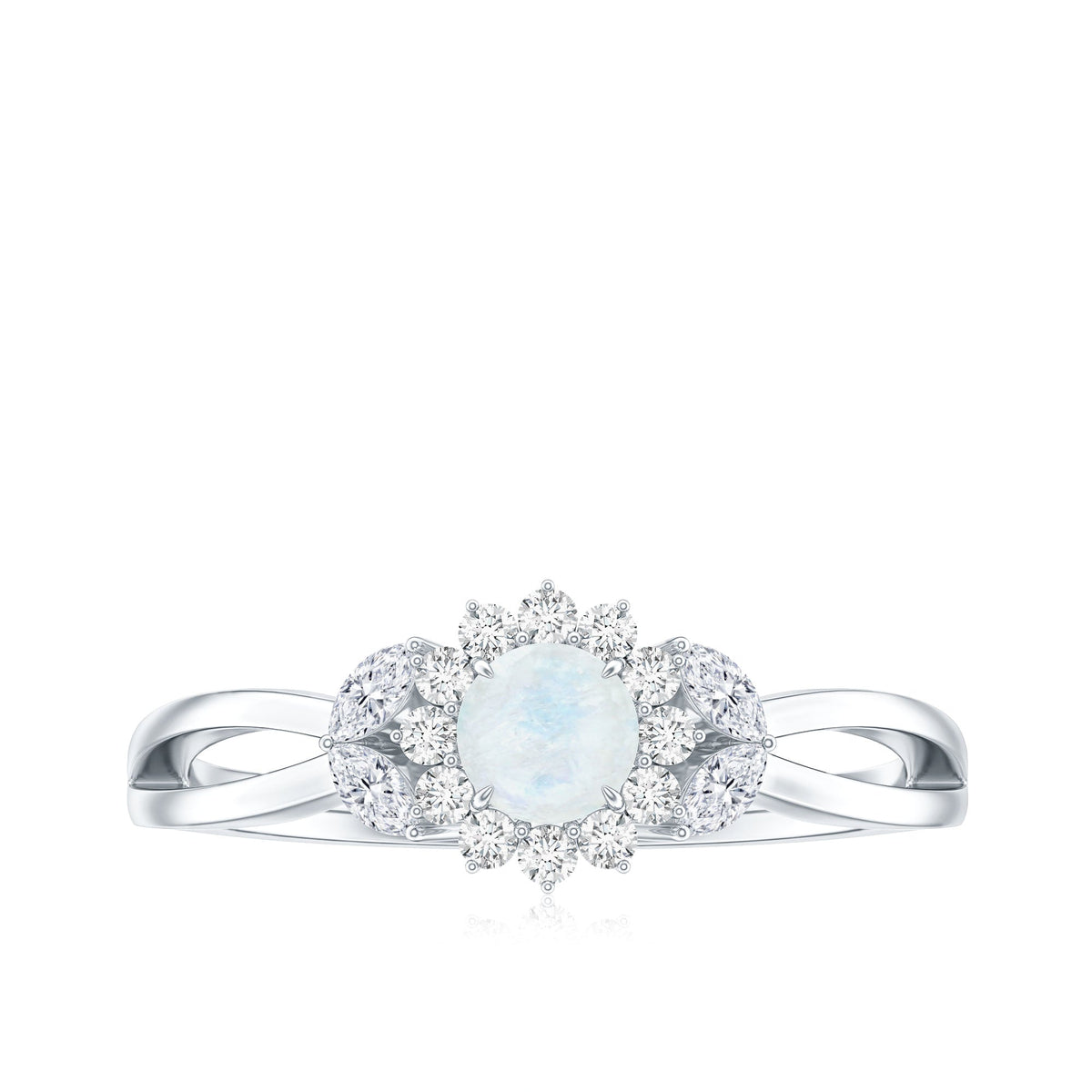 Real Moonstone and Diamond Flower Engagement Ring with Split Shank