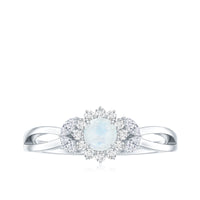 Real Moonstone and Diamond Flower Engagement Ring with Split Shank