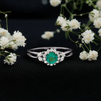 Real Emerald and Diamond Flower Engagement Ring with Split Shank