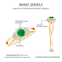 Real Emerald and Diamond Flower Engagement Ring with Split Shank