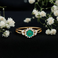 Real Emerald and Diamond Flower Engagement Ring with Split Shank